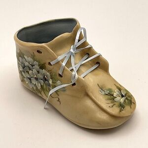 Hand painted, miniature, porcelain, baby shoe with blue ribbon, signed